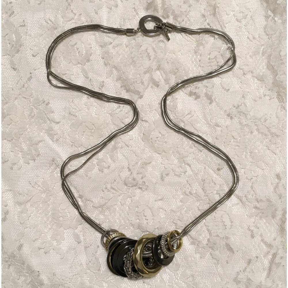 Nine West Layered Chain Hoop Charm Pendant Necklace 32" Multi Tones